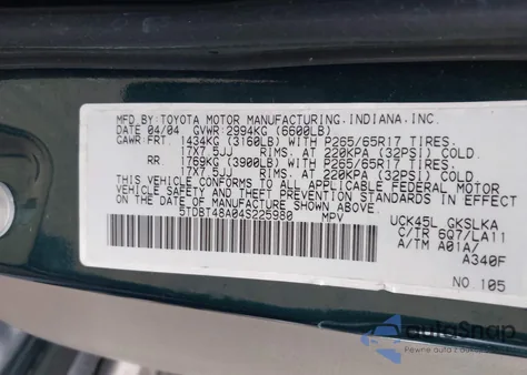 2004 Toyota Sequoia Limited V8 z USA, uszkodzony, nr VIN 5TDBT48A04S225980